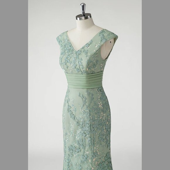 Sparkly Green V Neck Pleated Sequin Mother of the Bride Dress Appliques Size 4 - Picture 1 of 7